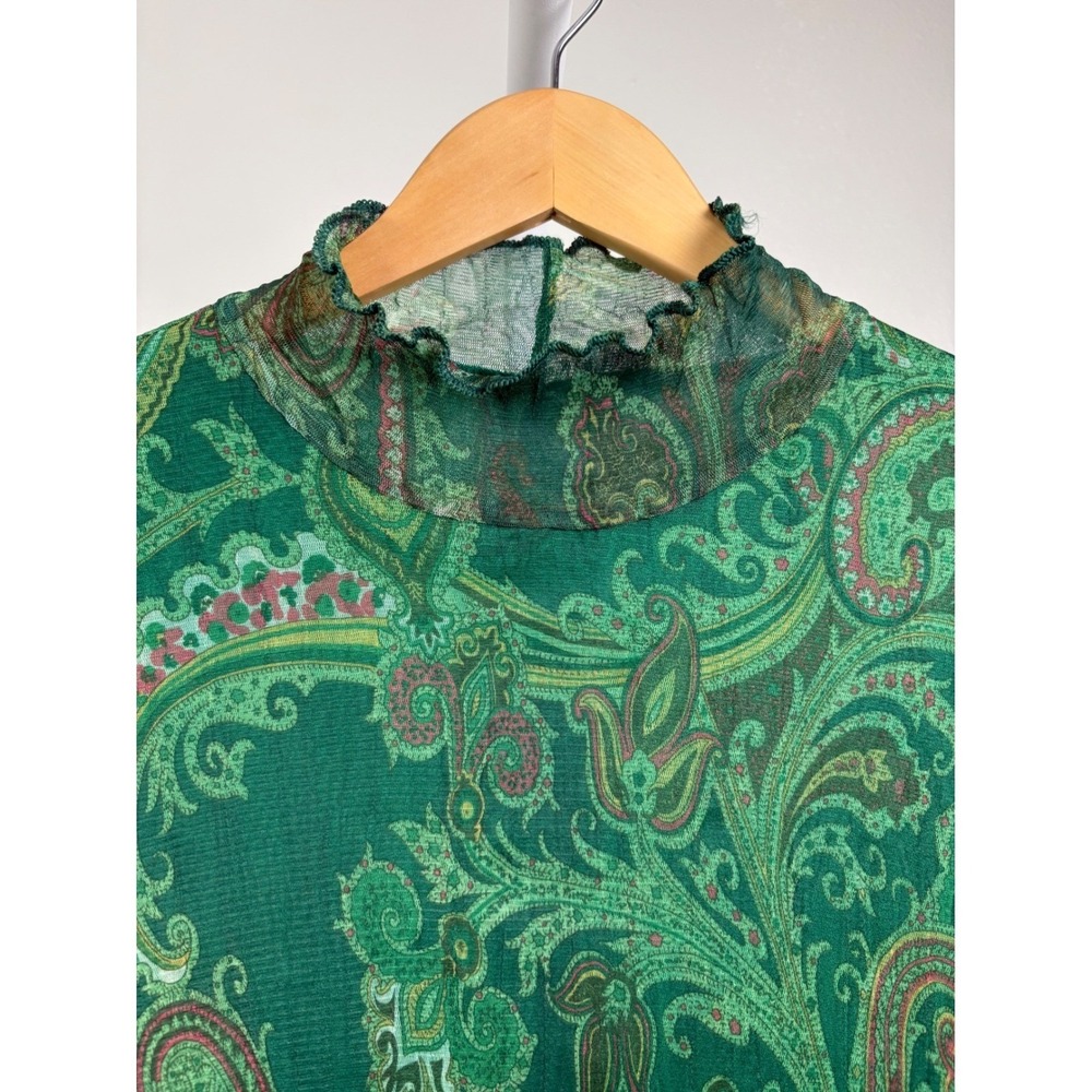 Soft Goth Green Paisley Blouse Mesh Mock Neck Lettuce Edge Long Sleeve Stretchy - Picture 4 of 8